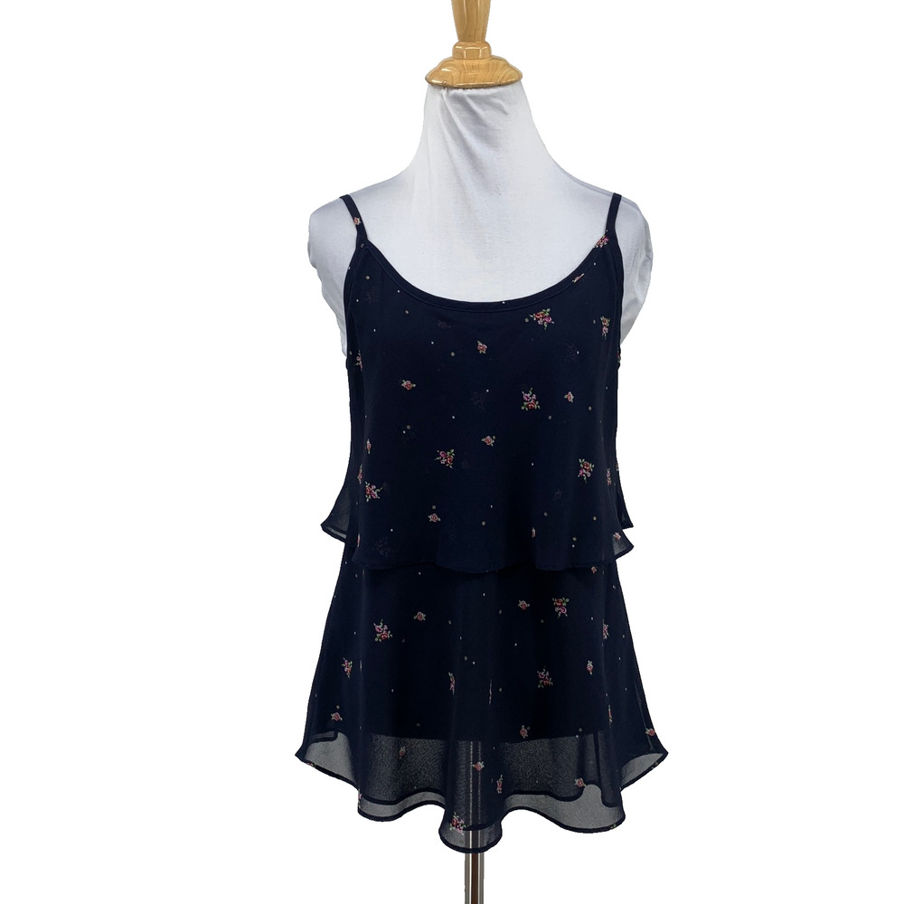 Cabi Tank Top Womens S Small Blue Ditsy Floral Tiered Adjust Straps Ruffle Cami